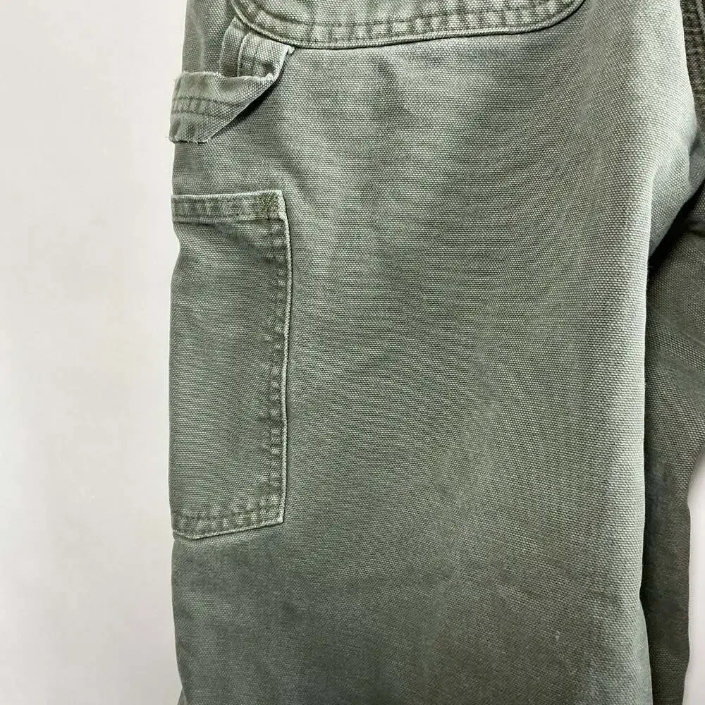 Carhartt Vintage Flannel-Lined Green Canvas Carpenter Work Pants Distressed